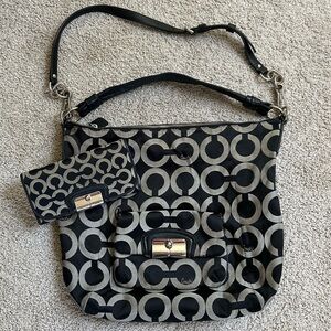 Coach Black and Beige Signature Hobo Bag with Matching Wallet